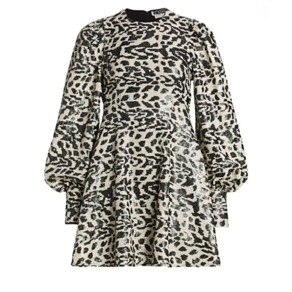 Rotate Birger Christensen Alison Sequin Leopard Puff Sleeve Mini Dress Size 4